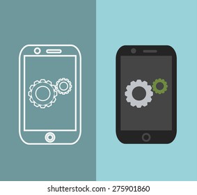 Vector app development concept in flat style - mobile phone and sketch on screen - infographic design elements and icons
