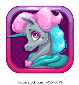 Vector app icon with beautiful young unicorn. Application store logo example. Cartoon illustration