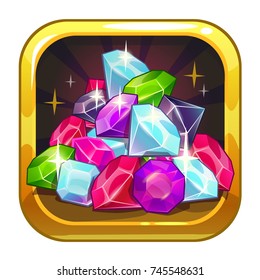 Vector app icon with colorful shiny jewels and golden frames. Application store logo example. Cartoon illustration