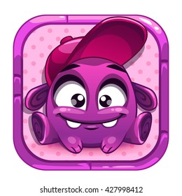 Vector app icon with cute purple alien character, funny vector asset for web or game design, application store icon for mobile games, gui element