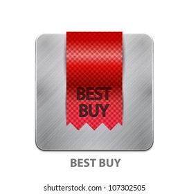 Vector app icon. Metal button with red ribbon