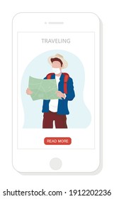 Vector app landing page or template with traveling man with map and mask in new reality pandemic 2021.