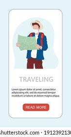 Vector app landing page or template with traveling man with map and mask in new reality pandemic 2021.