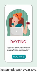 Vector app landing page or template woman online dating. Celebrates valentine's day, drinking wine and have virtual meeting.