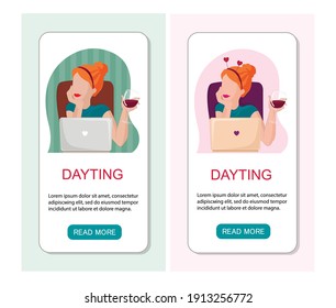Vector app landing page or template woman online dating. Celebrates valentine's day, drinking wine and have virtual meeting.
