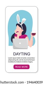 Vector app landing page or template woman online dating. Celebrates Easter, drinking wine and have virtual meeting. She have cute bunny ears.