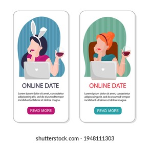Vector app landing page or template woman online dating. Celebrates valentine's day, drinking wine and have virtual meeting.