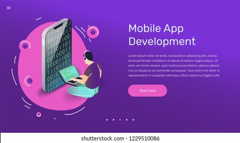 Vector app user illustration. Flat art with smartphone mobile application.