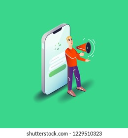 Vector app user illustration. Flat art with smartphone mobile application.