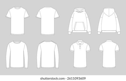 Vector apparel mockup in a minimal linear style. Clean outline illustration for showcasing clothing designs, branding, and prints. Ideal for fashion, e-commerce, and marketing visuals.
