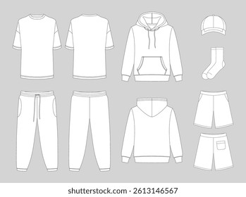 Vector apparel mockup in a minimal linear style. Clean outline illustration for showcasing clothing designs, branding, and prints. Ideal for fashion, e-commerce, and marketing visuals.