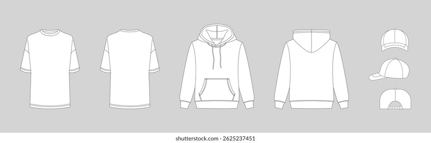 Vector apparel mockup in a minimal linear style. Clean outline illustration for showcasing clothing designs, branding, and prints. Ideal for fashion, e-commerce, and marketing visuals.