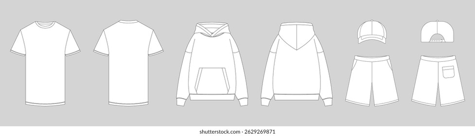 Vector apparel mockup in a minimal linear style. Clean outline illustration for showcasing clothing designs, branding, and prints. Ideal for fashion, e-commerce, and marketing visuals.