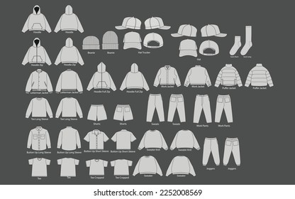 Vector apparel Mockup set collection. Men's t-shirt trucker hoodie joggers jacket short sweater pant design template. Sock shorts hat tee work jacket pant vector illustration set. CAD mockup Set.