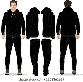 Vector apparel Mockup set collection. Men's t-shirt trucker hoodie joggers jacket short sweater pant design template. Sock shorts hat tee work jacket pant vector illustration set. CAD mockup Set.eps