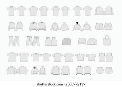 Ropa de Vector Mockups Colección Camiseta de los hombres Sudadera con capucha Gorra de béisbol Joggers Sudaderas Versiones cortas Bolso de mano Camiseta Calcetines Gorros Pantalones Ilustración vectorial Paquete Ropa Mock up Ropa de Plantilla Mock-ups