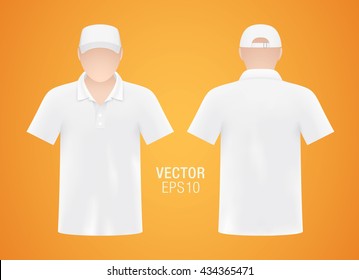 Vector apparel template. Men's mannequin dressed in clean white polo shirt and cap, isolated on orange background. Set of realistic, front and back T-shirt mockups.