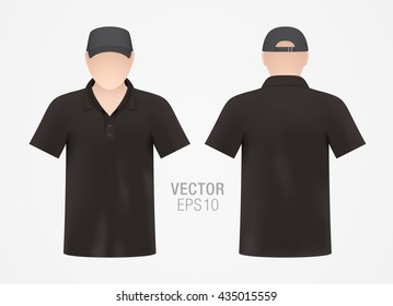 Vector apparel template. Men's mannequin dressed in clean black polo shirt and cap, isolated on white background. Set of realistic, front and back T-shirt mockups.