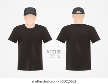 Vector apparel template. Men's mannequin dressed in clean black T-shirt and cap, isolated on white background. Set of realistic, front and back T-shirt mockups.