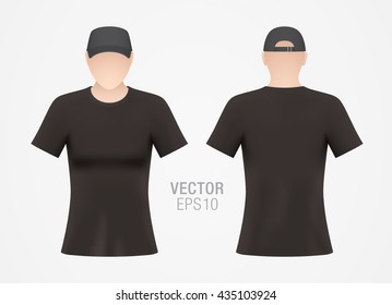 Vector apparel template. Woman's mannequin dressed in clean black T-shirt and cap, isolated on white background. Set of realistic, front and back T-shirt mockups.