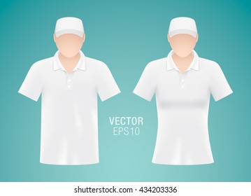 Vector apparel templates. Man and woman mannequins dressed in clean white T-shirts and caps, isolated on background. Realistic T-shirt mockup.