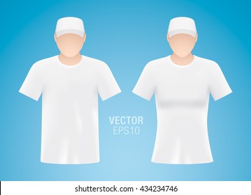 Vector apparel templates. Man and woman mannequins dressed in clean white T-shirts and caps, isolated on blue background. Realistic T-shirt mockup.