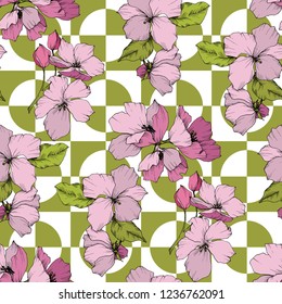 Vector. Appe blossom. Floral botanical flower. Wild spring leaf. Pink and green engraved ink art. Seamless background pattern. Fabric wallpaper print texture.