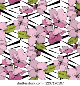 Vector. Appe blossom. Floral botanical flower. Wild spring leaf. Pink and green engraved ink art. Seamless background pattern. Fabric wallpaper print texture.