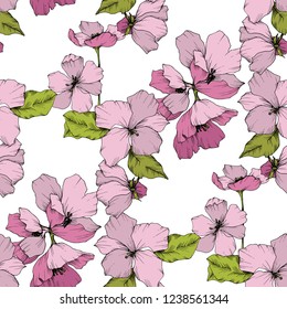 Vector. Appe blossom. Floral botanical flower. Wild spring leaf. Pink and green engraved ink art. Seamless background pattern. Fabric wallpaper print texture.