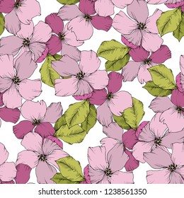 Vector. Appe blossom. Floral botanical flower. Wild spring leaf. Pink and green engraved ink art. Seamless background pattern. Fabric wallpaper print texture.