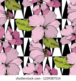 Vector. Appe blossom. Floral botanical flower. Wild spring leaf. Pink and green engraved ink art. Seamless background pattern. Fabric wallpaper print texture.