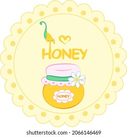 Vector appetizing beautiful illustration culinary label - a jar of honey decorated with chamomile, a spoon with honey that flows down from the spoon, forming the inscription honey in an openwork frame