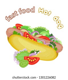 Vector appetizing hot dog with fresh vegetables. Transparent background and inscription