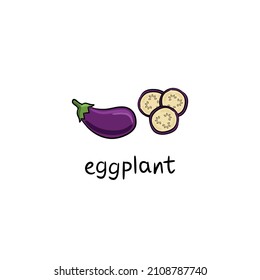 Vector appetizing illustration with ripe eggplant. Chopped eggplant. Food icon. Culinary recipes.