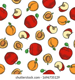 Vector  apple and apricot  engraving seamless pattern on white background. Vintage hand drawn illustration for menu, ads