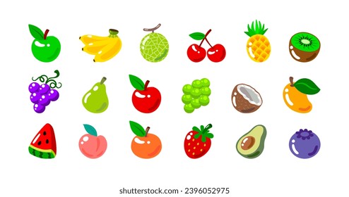 manzana vectora, plátano, melón, cereza, piña, kiwi, uva, pera, zymuscus, coco, mango, sandía, melón, melocotón, naranja, fresa, aguacate, arándano.