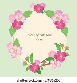 Vector apple blossom frame on light green color background