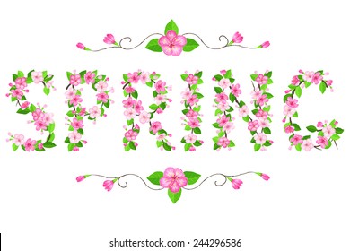 Vector apple blossom lettering. Spring card.