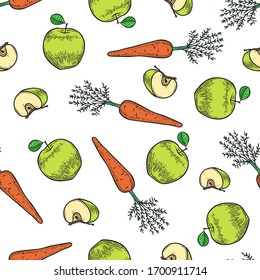 Vector  apple and carrot  engraving seamless pattern on white background. Vintage hand drawn illustration for menu, ads