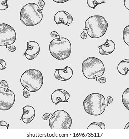 Vector  apple  engraving seamless pattern on white background. Vintage hand drawn illustration for menu, ads
