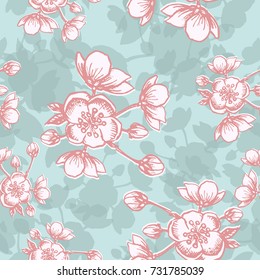 Vector Apple flower blossom hand drawn, seamless vector floral pattern, outline art for greeting card, package design cosmetic, wedding invitation, wallpaper beauty