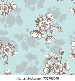 Vector Apple flower blossom hand drawn, seamless vector floral pattern, outline art for greeting card, package design cosmetic, wedding invitation, wallpaper beauty