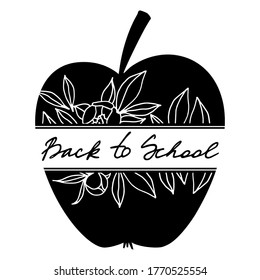 Vector apple with flower ornament and Back to school lettering. Appreciation, gratitude words lettering on fruit silhouette. Back to school quote illustration. Sublimation design for t shirt, mug