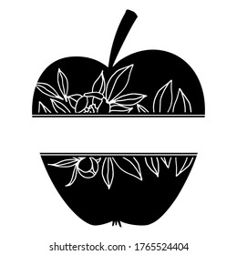 Vector apple with flower ornament and place for text for teacher. Black-and-white sketch Isolated on white background. Apple Silhouette. Back to school illustration for photo album, scrapbooking