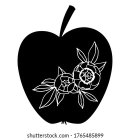 Vector apple with flower ornament for teacher illustration. Pupils gift for teacher. Isolated on white background. Apple Silhouette, Apple cut, Teacher, School, Back to School, Fall, Autumn, Flowers.