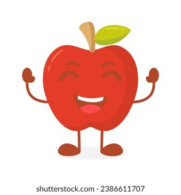 Vector apple fruit cartoon character raising both hands while laughing