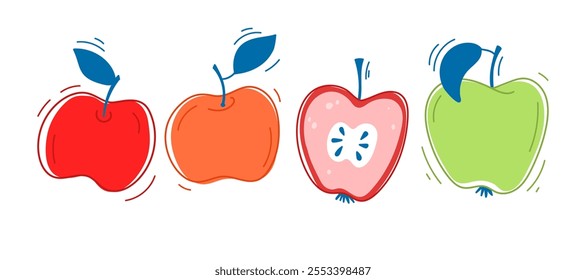 Vector apple hand drawing food icon, apple line art. Decorative background with juicy apples. Bright summer design. Illustration for stickers