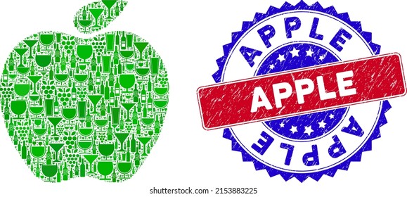Vector apple icon wine collage and grunge bicolor Apple stamp. Red and blue bicolored badge with rubber style and Apple slogan. Apple collage icon formed with wine glasses,