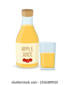 Vector apple juice set - bottle with glass cup. Transparent mug with yellow liquid, drink in cartoon flat style.