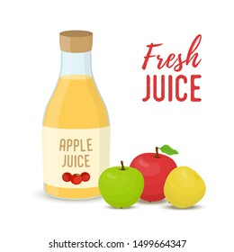Vector apple juice set - glass bottle with whole fruits. Natural organic drink and food. Cartoon flat style